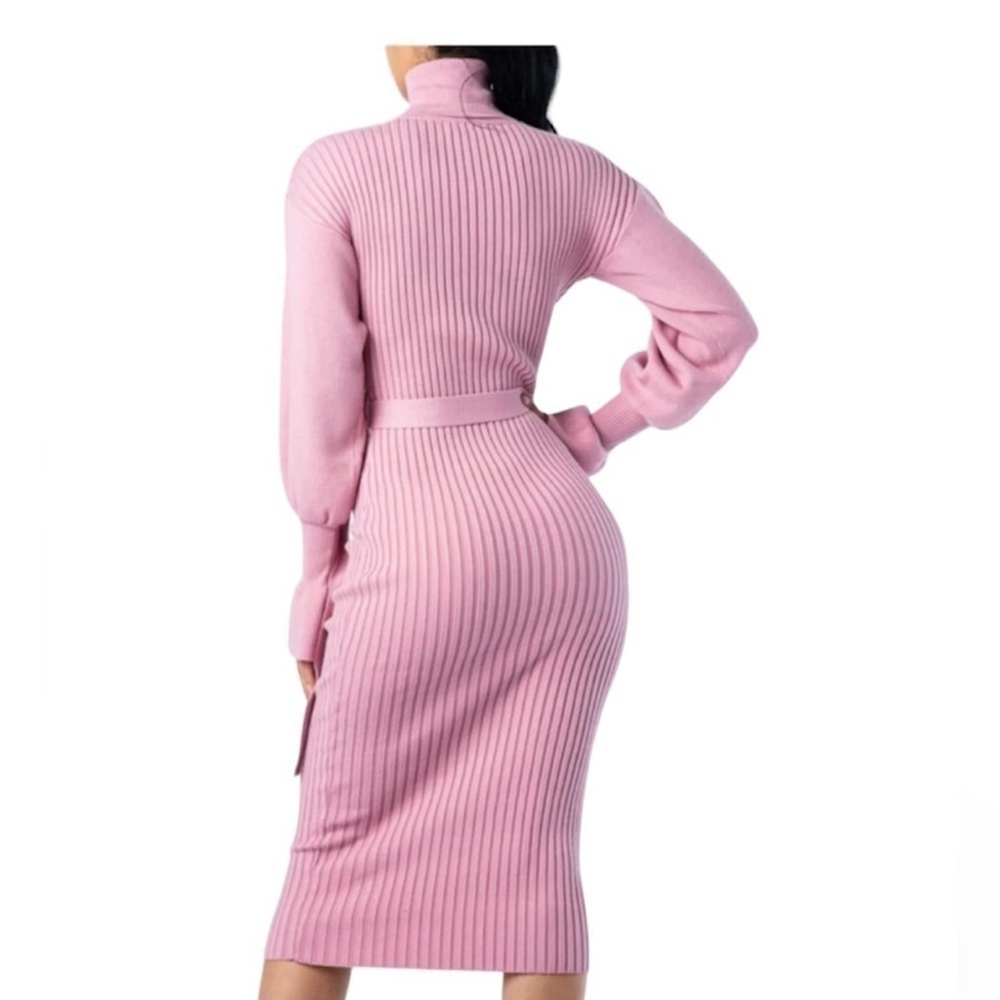 Sweater dress belted turtleneck. Long bell sleeve. - Picture 2 of 3